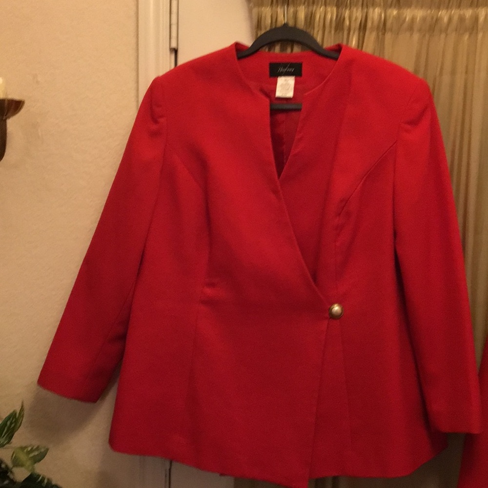 Harvey Z, red two piece suit.  Excellent condition